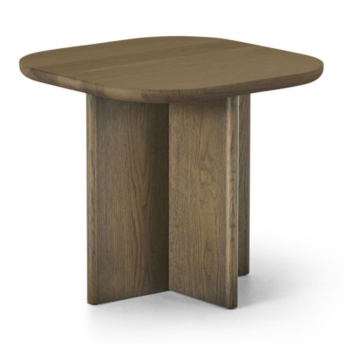 Montèl Combi Plus bijzettafel in Smoked Moss schuin van voren met vierkant blad en kruisvormig houten onderstel