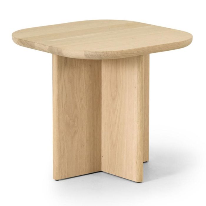 Montèl Combi Plus bijzettafel naturel eiken schuin van voren met vierkant blad en kruisvormig houten onderstel