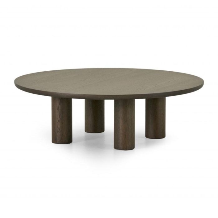 Montèl Woody salontafel Smoked Moss met rond houten blad en meerdere cilindervormige poten