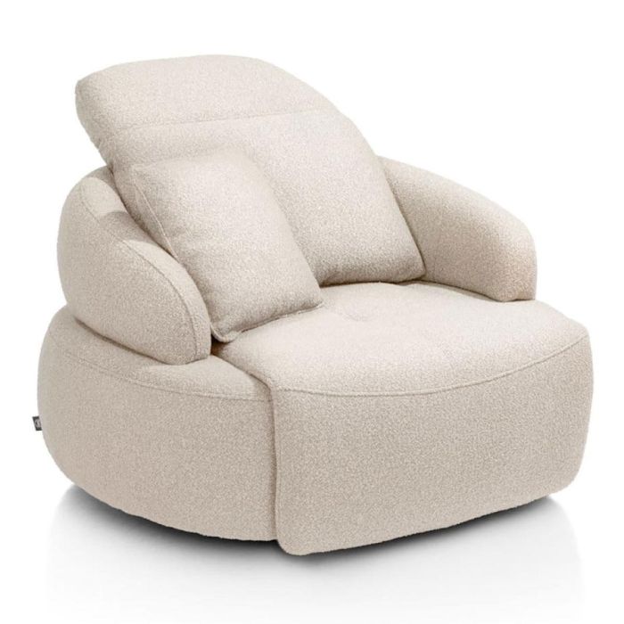 Beige XL homecinema draaifauteuil in boucléstof met sierkussen en ronde basis