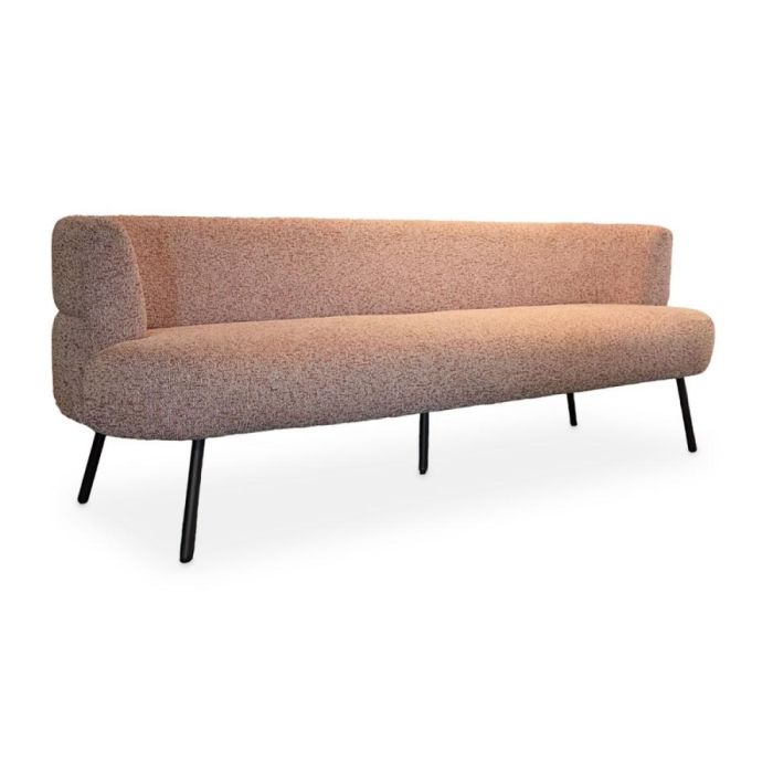 Eetkamerbank Dani in taupe stof met zwart metalen poten, zijaanzicht