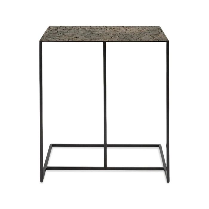 Triptic bijzettafel met geometrisch metalen frame en lava-structuur blad