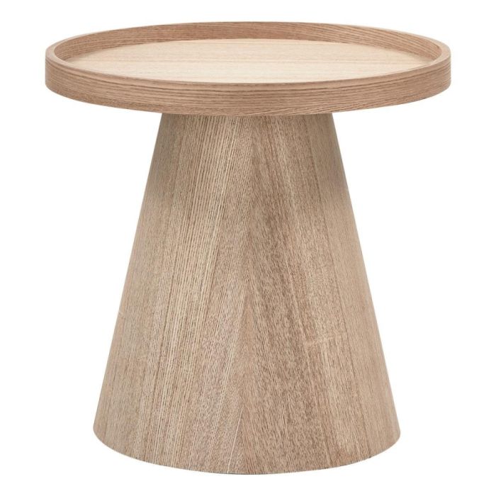 WOOOD Maud bijzettafel 38 cm hoog met rond blad en conische poot in naturel MDF op witte achtergrond