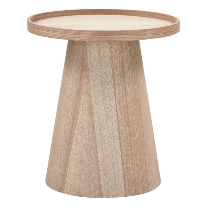 WOOOD Maud bijzettafel in naturel met rond blad en conische poot op witte achtergrond