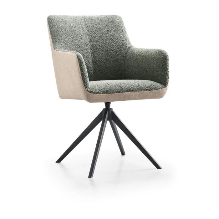 Eetkamerstoel Dutchz 5100 met duo stoffering khaki en silver en zwarte draaipoot zijaanzicht