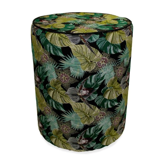 Poef met groene bladerenprint en zwarte bies