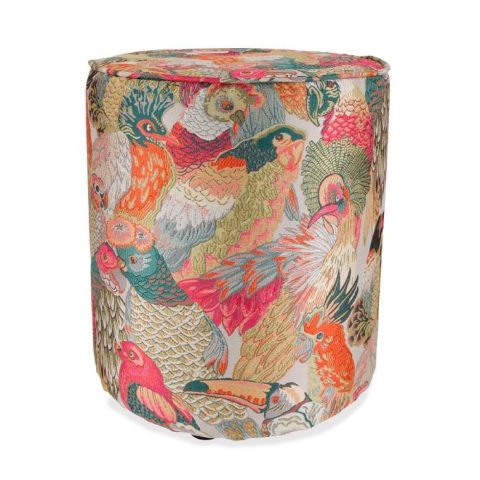 Ronde poef met kleurrijke vogelprint in oranje en groentinten