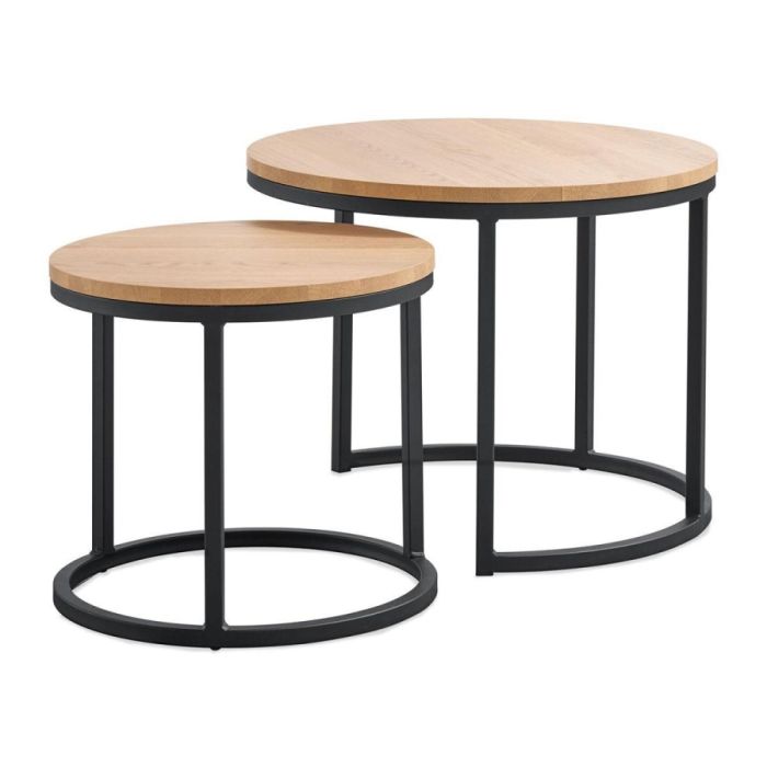 Set van twee ronde bijzettafels Budrio met licht melamine blad en zwart metalen onderstel