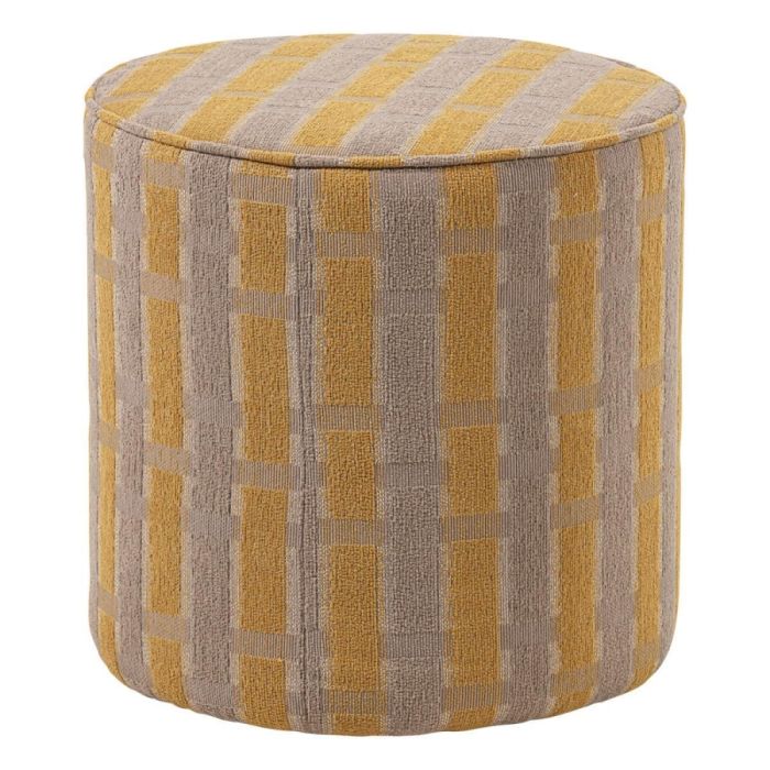 Ronde Sarlo poef in taupe en geel met ruit dessin in chenille stof tegen witte achtergrond