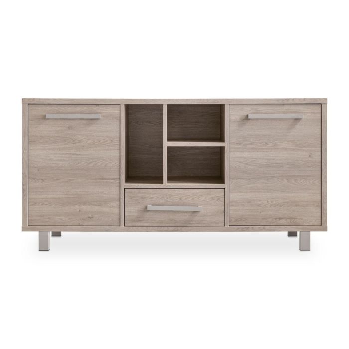 Modern dressoir Gradoly in grey oak met twee deuren, open vakken en lade op metalen poten