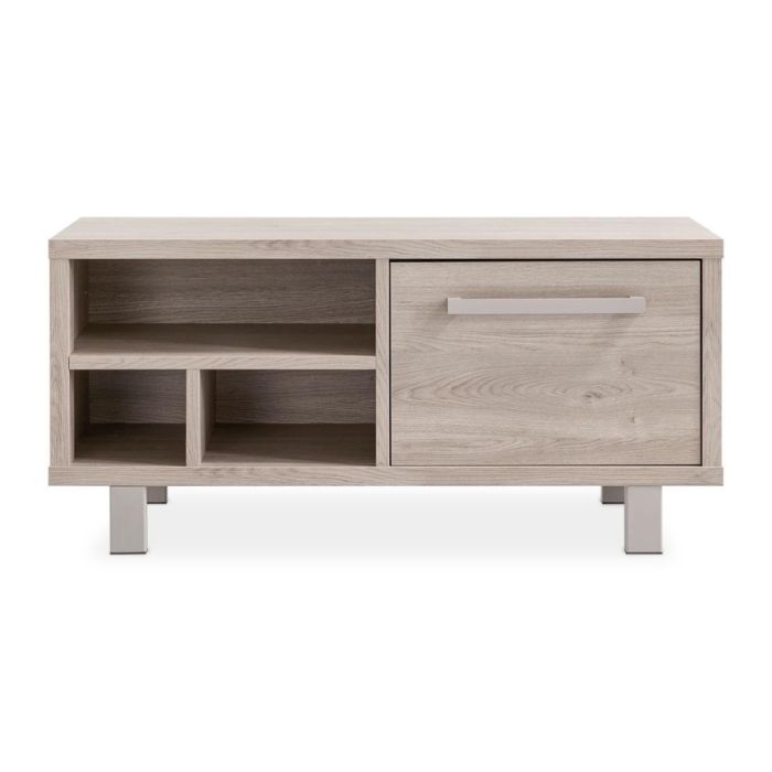 Gradoly TV-meubel in grey oak met open vakken links, deur rechts en lichtgrijs metalen frame