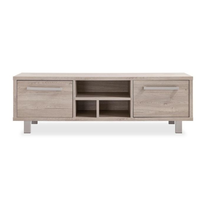 TV-meubel Gradoly in grey oak met open vakken en een klepdeur, op lichtgrijze metalen poten