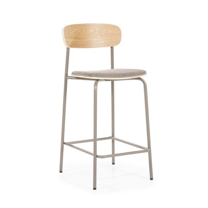 Moderne barkruk Skola met metalen frame, stoffen zitting en rugleuning van essenhout fineer