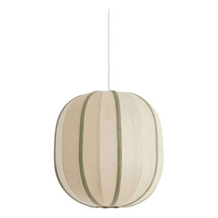 Ronde hanglamp Esmiria van naturel linnen met olijfgroene verticale banen, hangend aan licht snoer tegen witte achtergrond