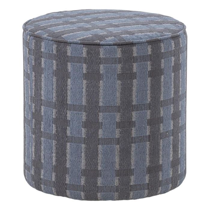 WOOOD poef Sarli hoog met grijs-blauw ruitdessin in chenille stof op witte achtergrond