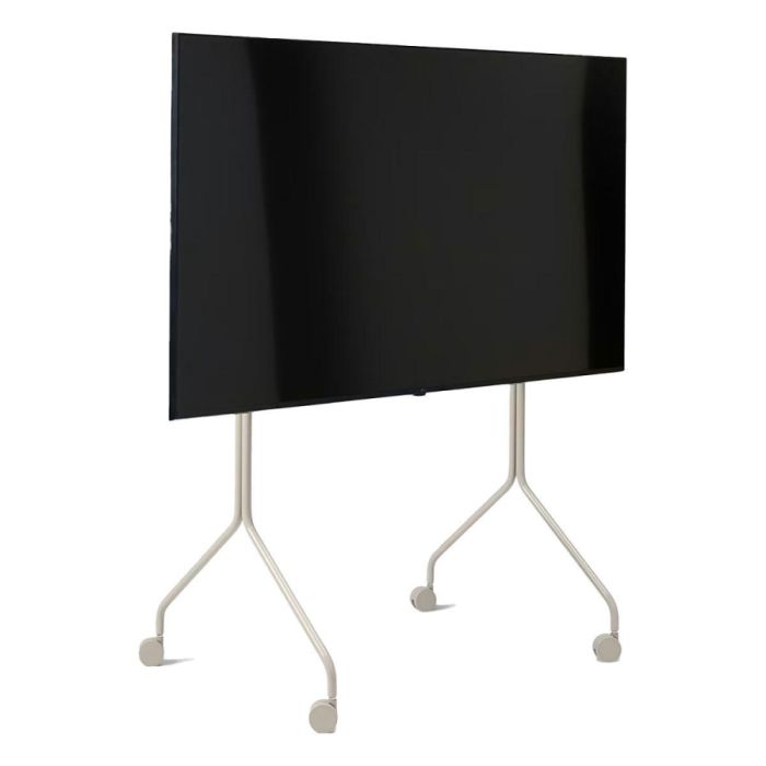 Moon Rollin’ Tall tv-standaard in kleur Oat met groot flatscreen en vier wielen, vooraanzicht