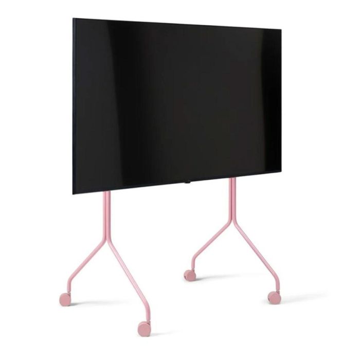 Roze Moon Rollin’ Tall Bubble Gum tv-standaard met groot flatscreen en vier wieltjes, vooraanzicht