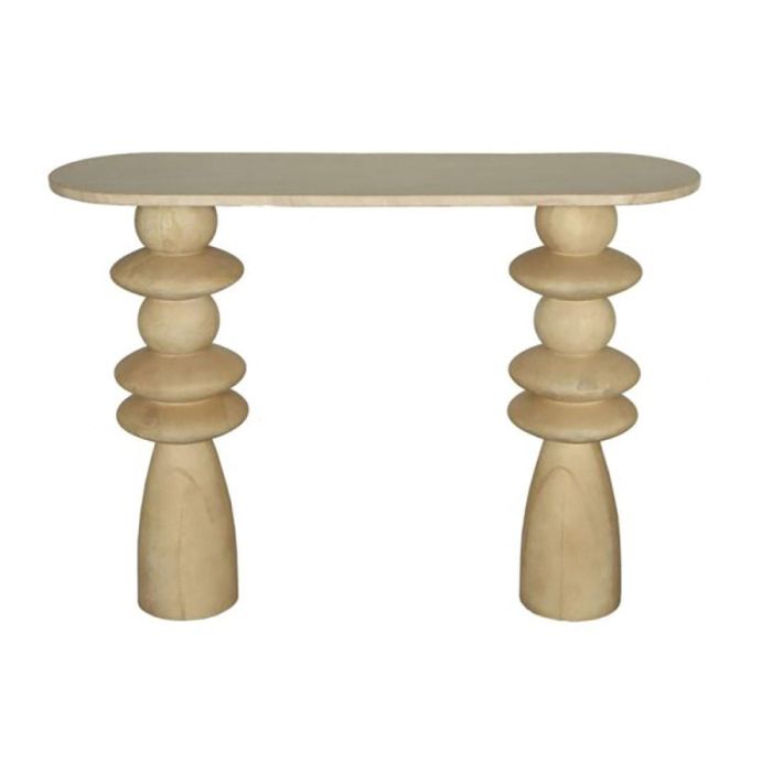PTMD sidetable Callain met langwerpig houten blad en twee sculpturale poten met ronde vormen