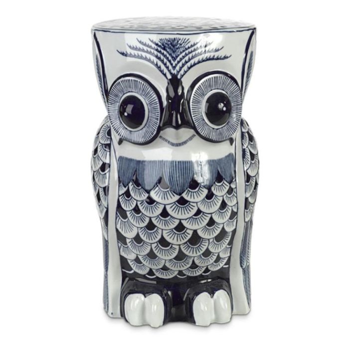 POLSPOTTEN Flower Owl bijzettafel van donkerblauw geglazuurd porselein in de vorm van een uil met handgeschilderd verenpatroon en ronde bovenkant