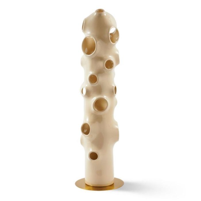 POLSPOTTEN Bulle vloerlamp beige van geglazuurd keramiek met organische vorm en ronde openingen op gouden voet