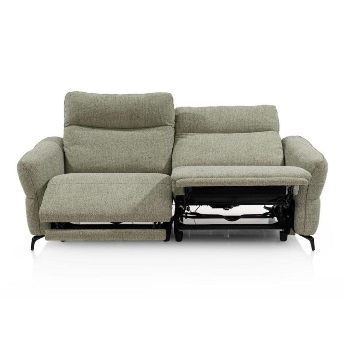 3-zitsbank Royan in olijfgroene stof met beide zittingen elektrisch uitgeschoven en zichtbare mechaniek