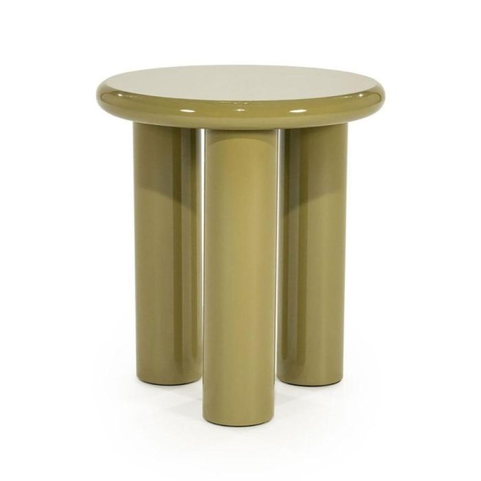 Groene hoogglans bijzettafel Brynn van By-Boo met rond blad en drie cilindervormige poten