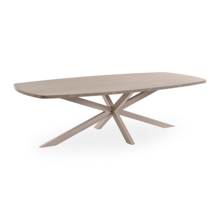 Deens ovale eetkamertafel met Lamulux blad in Grey Oak en metalen sterpoot in Stone Grey op een lichte achtergrond