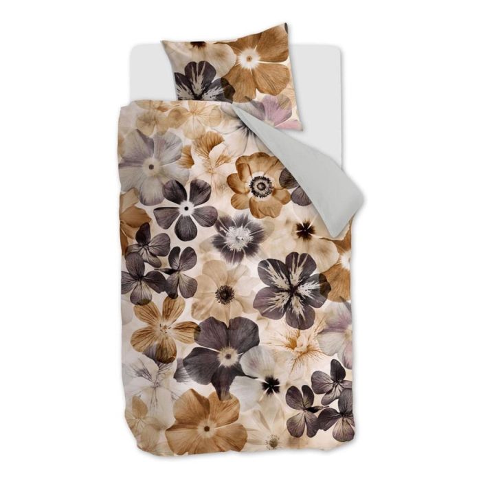 Dekbedovertrek Jane met groot bloemendessin in beige, bruin en taupe met bijpassend kussensloop