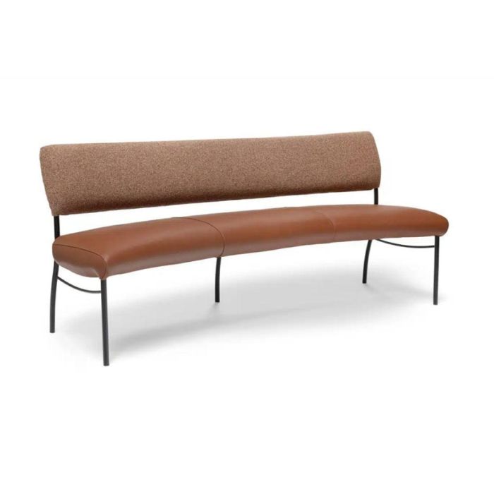 Bree’s New World Arc eetkamerbank met bruine lederen zitting, bruine stoffen rugleuning en zwart metalen frame