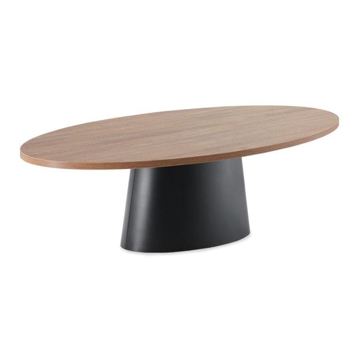 Ovale salontafel Levado met melamine blad in Brushed Walnut Nature en gebogen zwarte metalen kolompoot