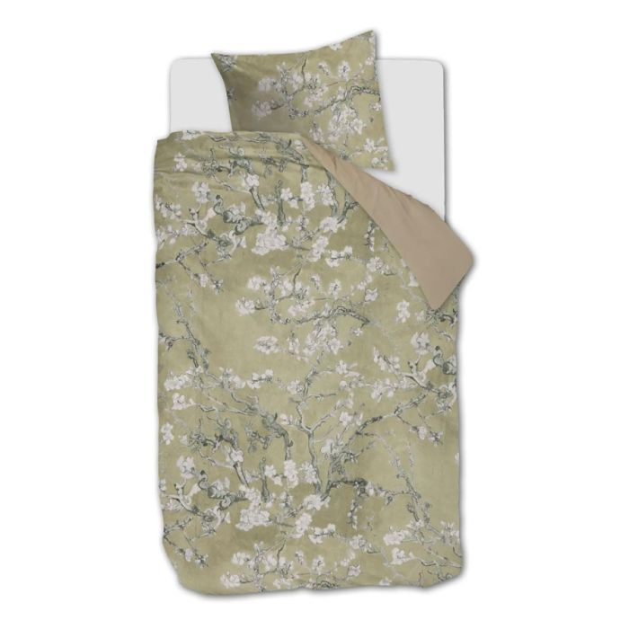 Groen dekbedovertrek Fleur de Velours met bloesemtakken en effen beige achterzijde