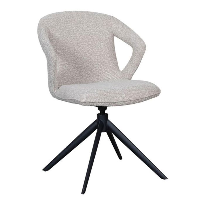 Eetkamerstoel Zurich met Naturel Royal Bouclé bekleding en zwart metalen draaibare X-poot schuin van voren