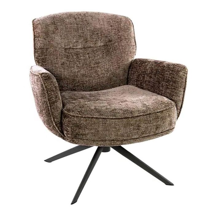 Champagnekleurige draaifauteuil Forza met chenille stof en zwarte metalen draaipoot schuin van voren