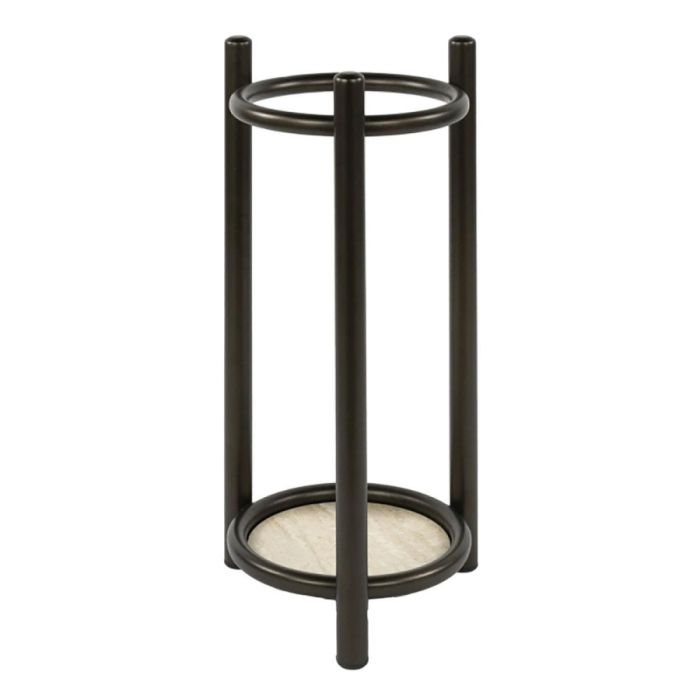 Paraplubak Luno Rond Drift Brown met bronskleurig stalen frame en ronde travertine-look opvangschaal op witte achtergrond