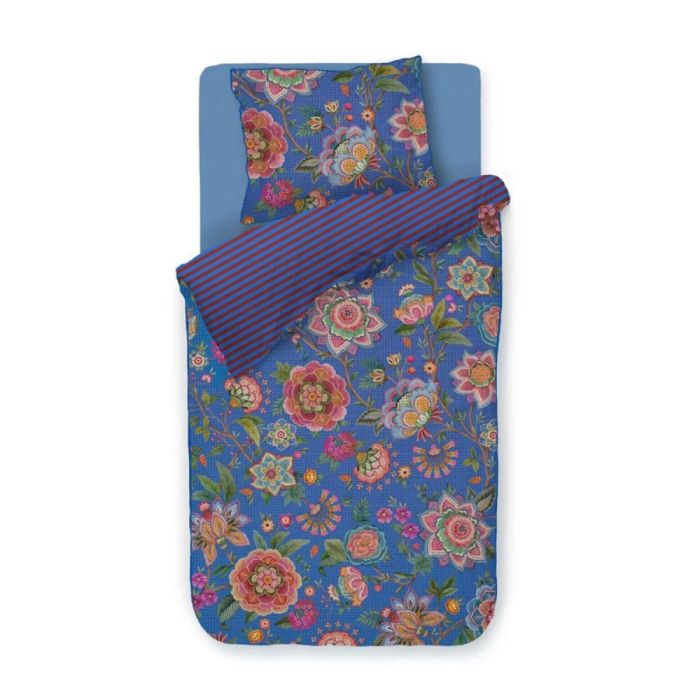 Eenpersoons dekbedovertrek Bombay Bold met kleurrijk bloemendessin op blauwe ondergrond en gestreepte achterzijde