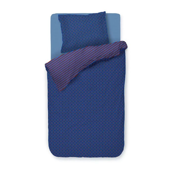 Eenpersoons dekbedovertrek Alvida met blauw geometrisch patroon en rood-blauwe gestreepte achterzijde