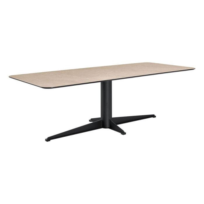 INHOUSE eettafel Canarias met grijs marmerlook tafelblad en zwart metalen kolompoot onderstel