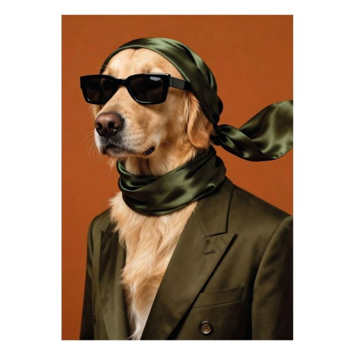 Golden retriever met zonnebril, groene sjaal en pak tegen oranje achtergrond
