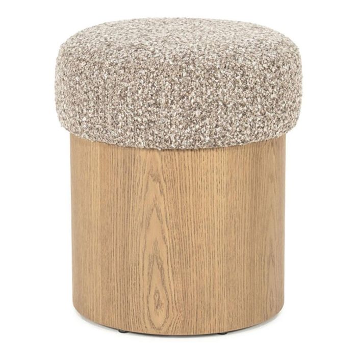 Ronde poef met taupekleurige gemêleerde stoffen zitting en houten onderstel, frontaal weergegeven tegen lichte achtergrond