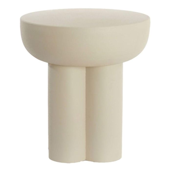 Ronde bijzettafel Mikola in mat crème met komvormig blad en opvallend onderstel tegen neutrale achtergrond