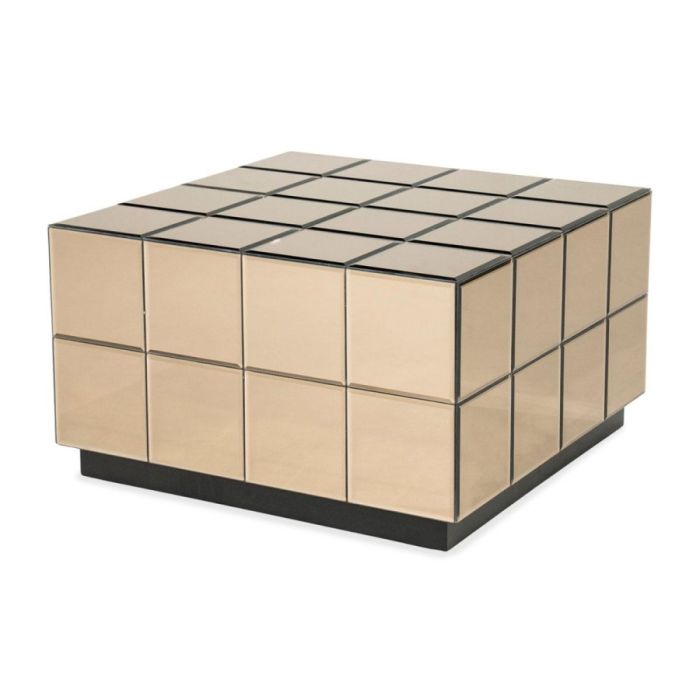 Salontafel Flectron met bruin spiegelglas en kubusvormig design op zwarte plint