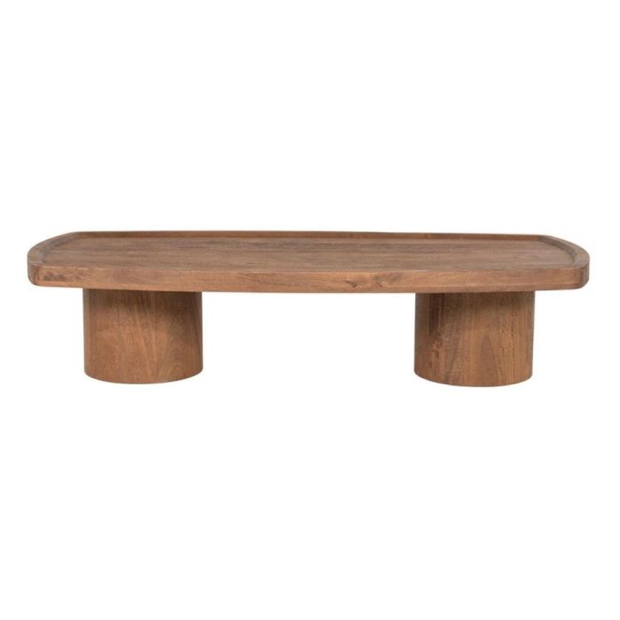 Salontafel Jamari van mangohout met langwerpig blad en twee cilindervormige poten, vooraanzicht.