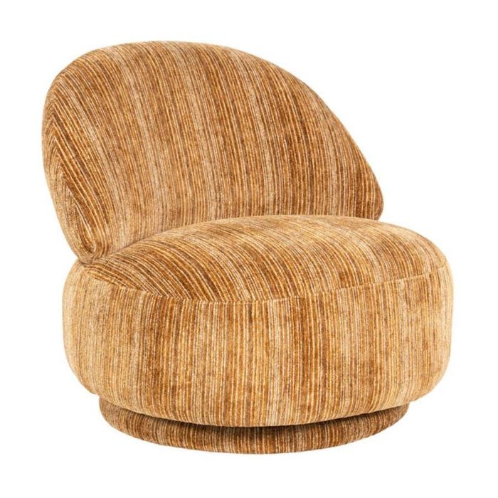 Fauteuil Fineline van By-Boo in mosterdgele Rayas stof met fijne strepen en ronde vormen