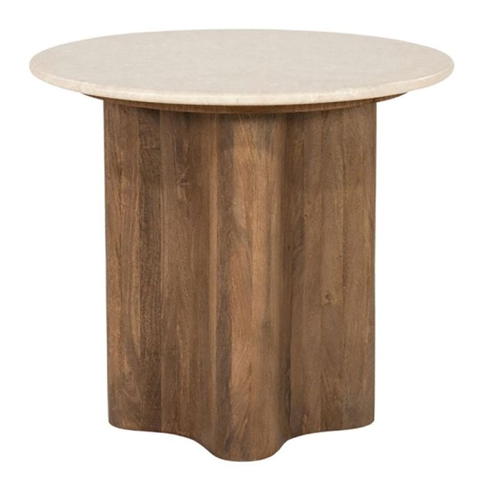 Bijzettafel Bodhi van Eleonora met rond licht natuurstenen blad en golvend houten onderstel