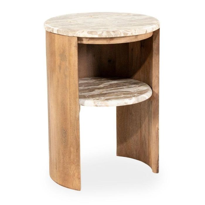 Ronde bijzettafel Marbelon van mango hout met marmeren blad en extra opbergplateau.