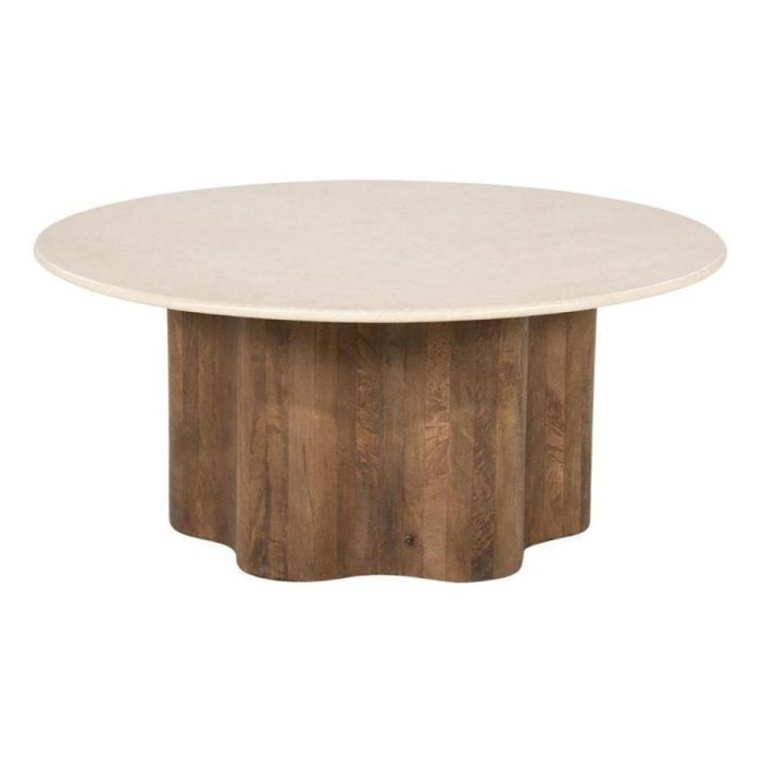 Ronde salontafel Bodhi met licht natuurstenen blad en donker houten onderstel met golvende vorm