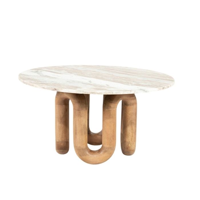 Ronde salontafel Marbelon van mango hout en marmer met sculpturaal houten onderstel.