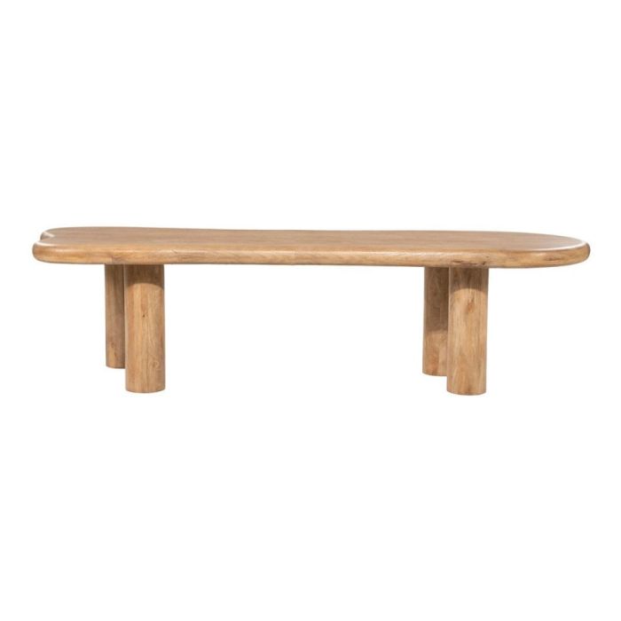 Eettafel Nigel van mangohout met afgerond langwerpig blad en vier cilindervormige poten
