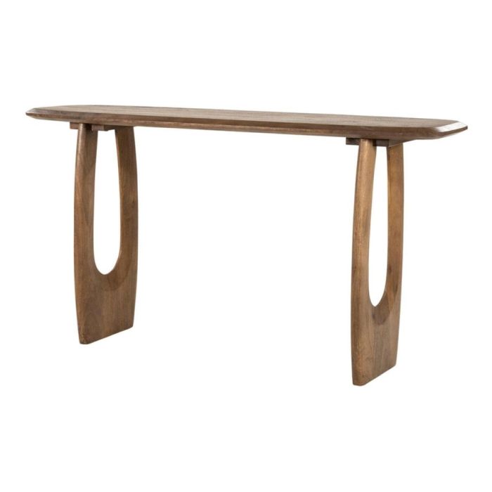Sidetable Phoebe van mangohout met langwerpig blad en uitgesneden houten poten in schuin aanzicht.