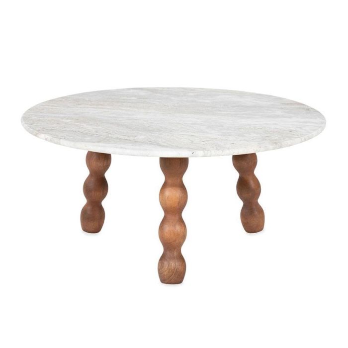 Grote salontafel Nelo van By-Boo met rond sawar marmer blad en mangohouten bolpoten